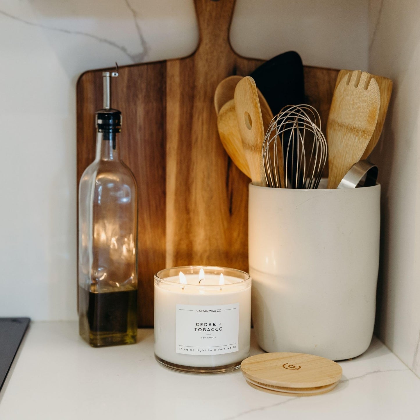 Calyan Wax Co. Cedar & Tobacco 3 Wick Scented Candle - 43 Hour Burn - Luxury 3 Wick Soy Candles - Clean Soy Wax Candles - Long Lasting Large Glass Jar Candle for Home - 14.9oz