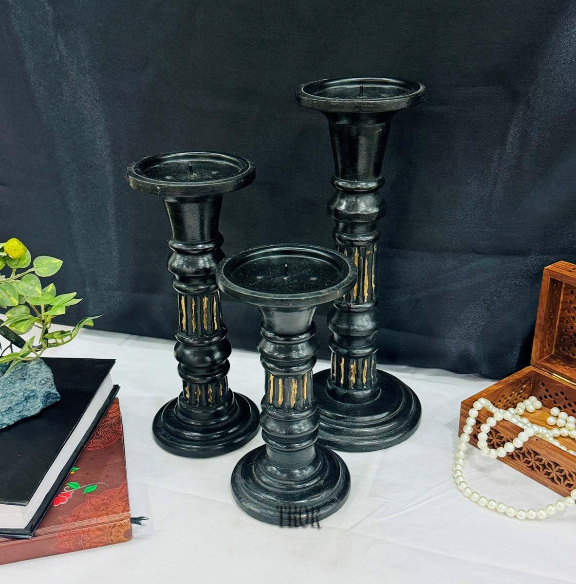 Wood Candle Holders for Pillar Candles (Set of 3) Large Rustic Pillar Candlestick Stands - 8 x 10x 12 inch Candles Holder Modern Farmhouse Decor (Black)