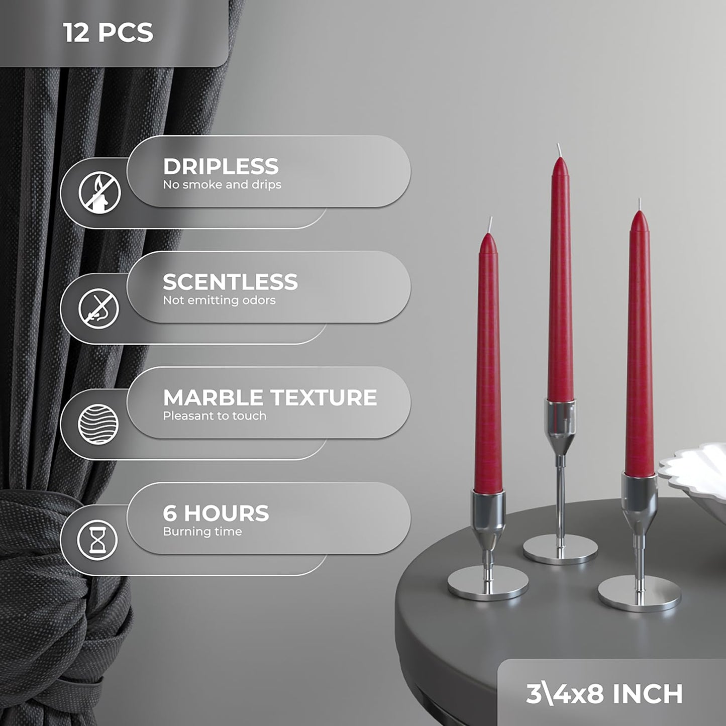CANDWAX 8 inch Bordeaux Taper Candles Set of 12 - Unscented Smokeless Dripless Tall Candlesticks - Ideal for Home Decor, Thanksgiving or as Christmas Candles - Tapered Christmas Candle Sticks