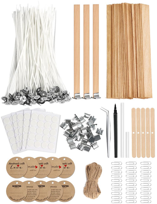 130 Pcs Candle Wicks for Candle Making Kit: 100 Cotton & 30 Wood Wicks with Complete Tool Set (Wick Holders, Wick Stickers, Candle Tabs, Tweezers, Pen), for Soy Beeswax DIY Candles