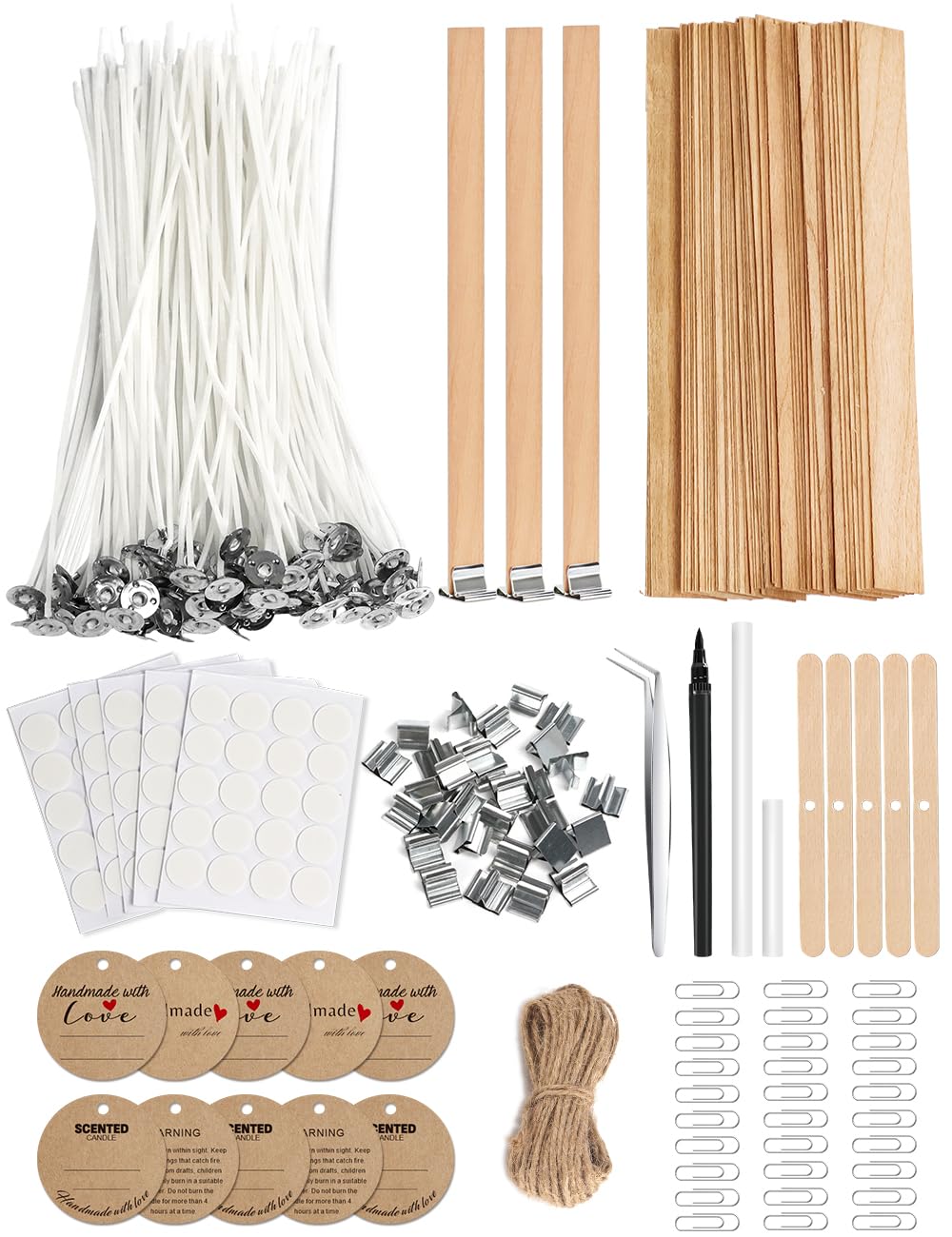 130 Pcs Candle Wicks for Candle Making Kit: 100 Cotton & 30 Wood Wicks with Complete Tool Set (Wick Holders, Wick Stickers, Candle Tabs, Tweezers, Pen), for Soy Beeswax DIY Candles