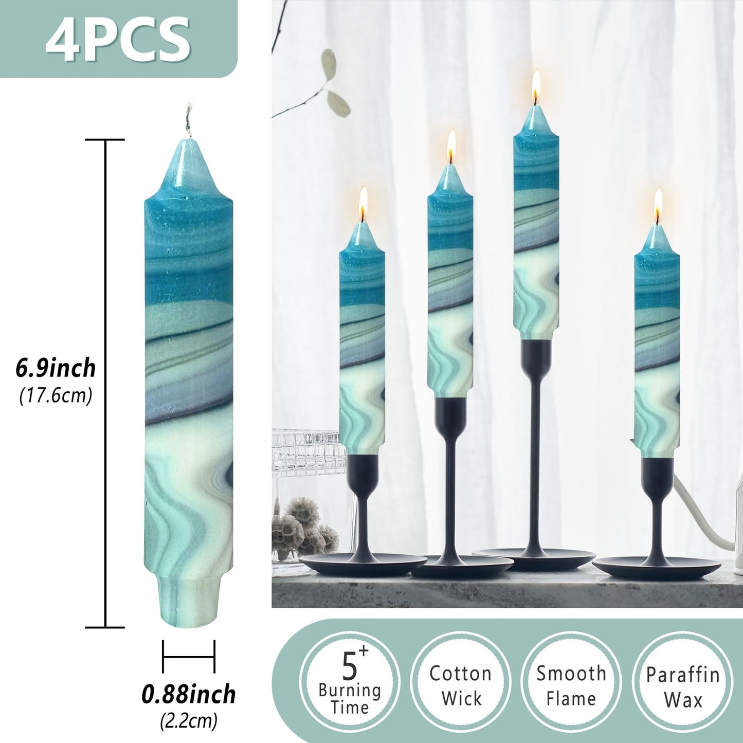Floral Taper Candles 7inch Unscented Long Chinoiserie Candlesticks Handmade Dripless Marble Candle Sticks for Emergency, Wedding Home Décor Festive Seasons Holiday 4pcs