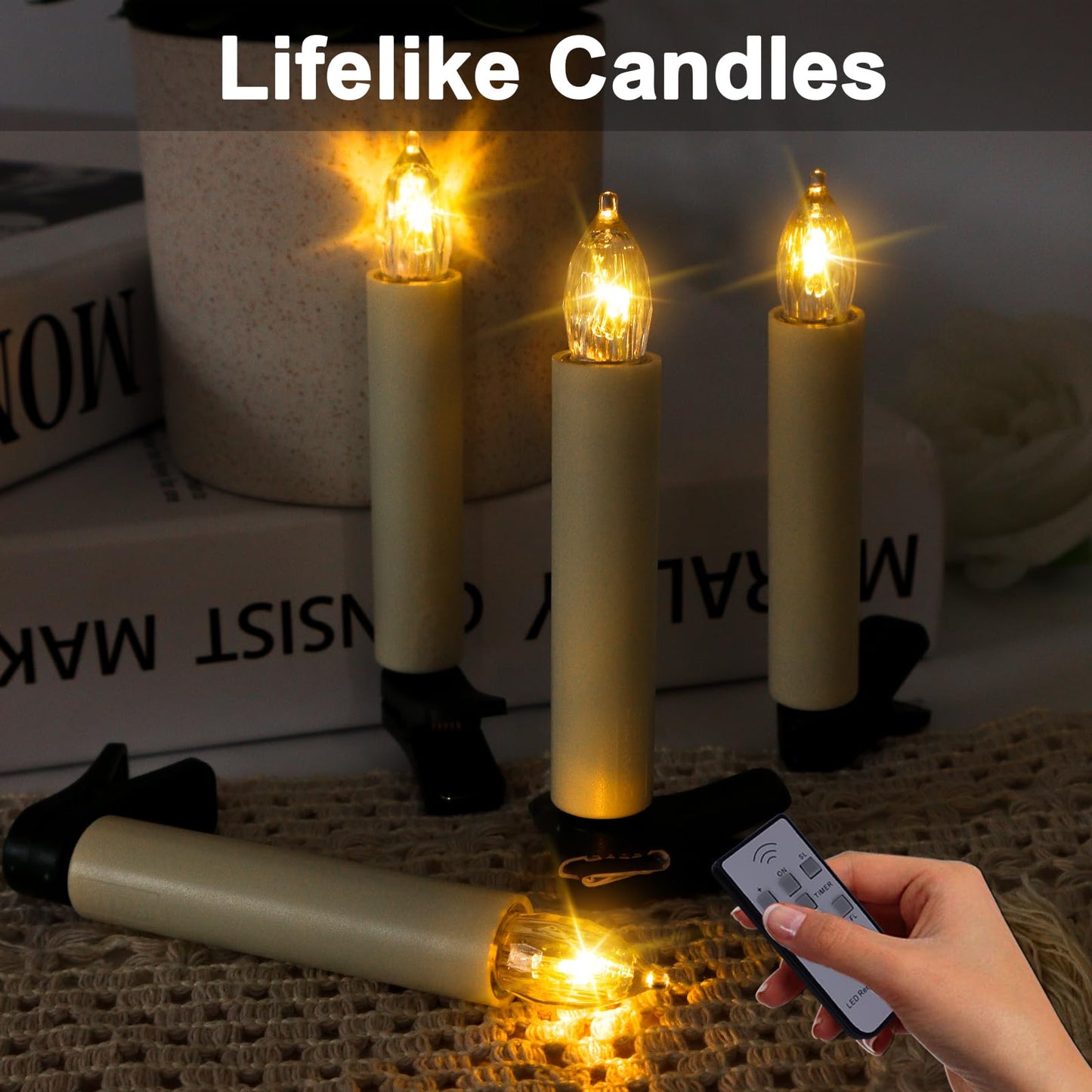 Kuandawei LED Christmas Candles, Flickering Clip on Candles for Christmas Tree, Battery Operated with Remote Timer, Warm White Light, Flameless Taper Candle for Home Christmas Decor, Set of 30