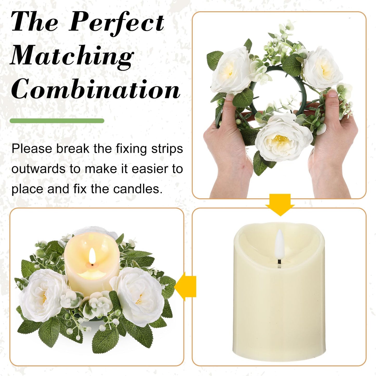 Yunlly 16 Set Rose Candle Rings Wreaths 3 Inch Center with Flameless LED Candles Artificial Rose Light Garland Fake Electric Votive Tealights Bulk Funeral Wedding Table Centerpieces Decor(White)