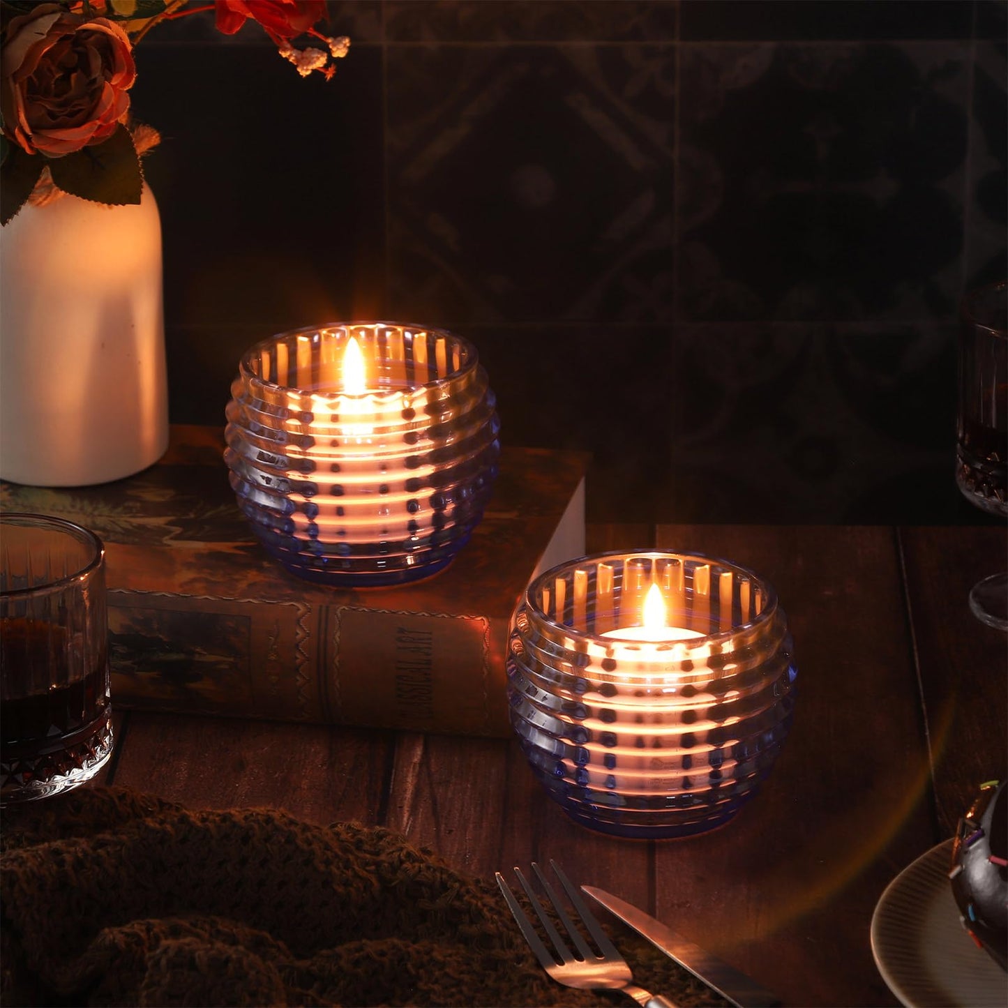 TkoYuHm 2 Pack Blue Glass Votive Candle Holders for Home Decor Round Bubble Tea Light Holder for Valentine’s Day Table Centerpiece Wedding