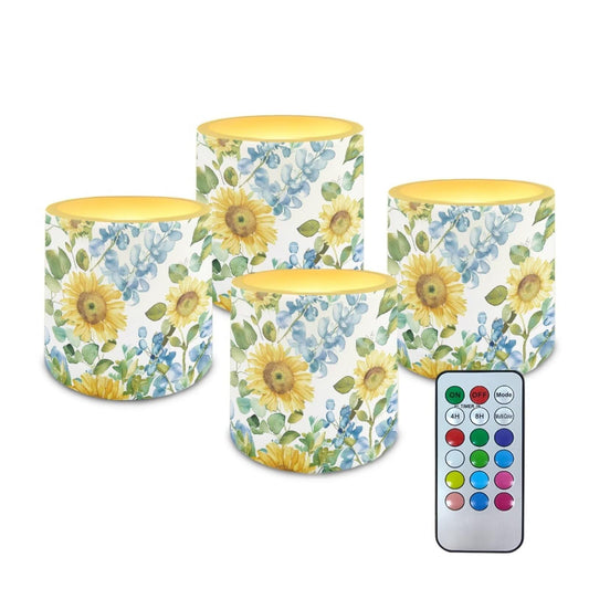 Cozeyat Daisy Floral Flameless Candles 4 Pack Battery Operated LED Pillar Candles with Remote Control Timer Waterproof for Indoor Outdoor Patio