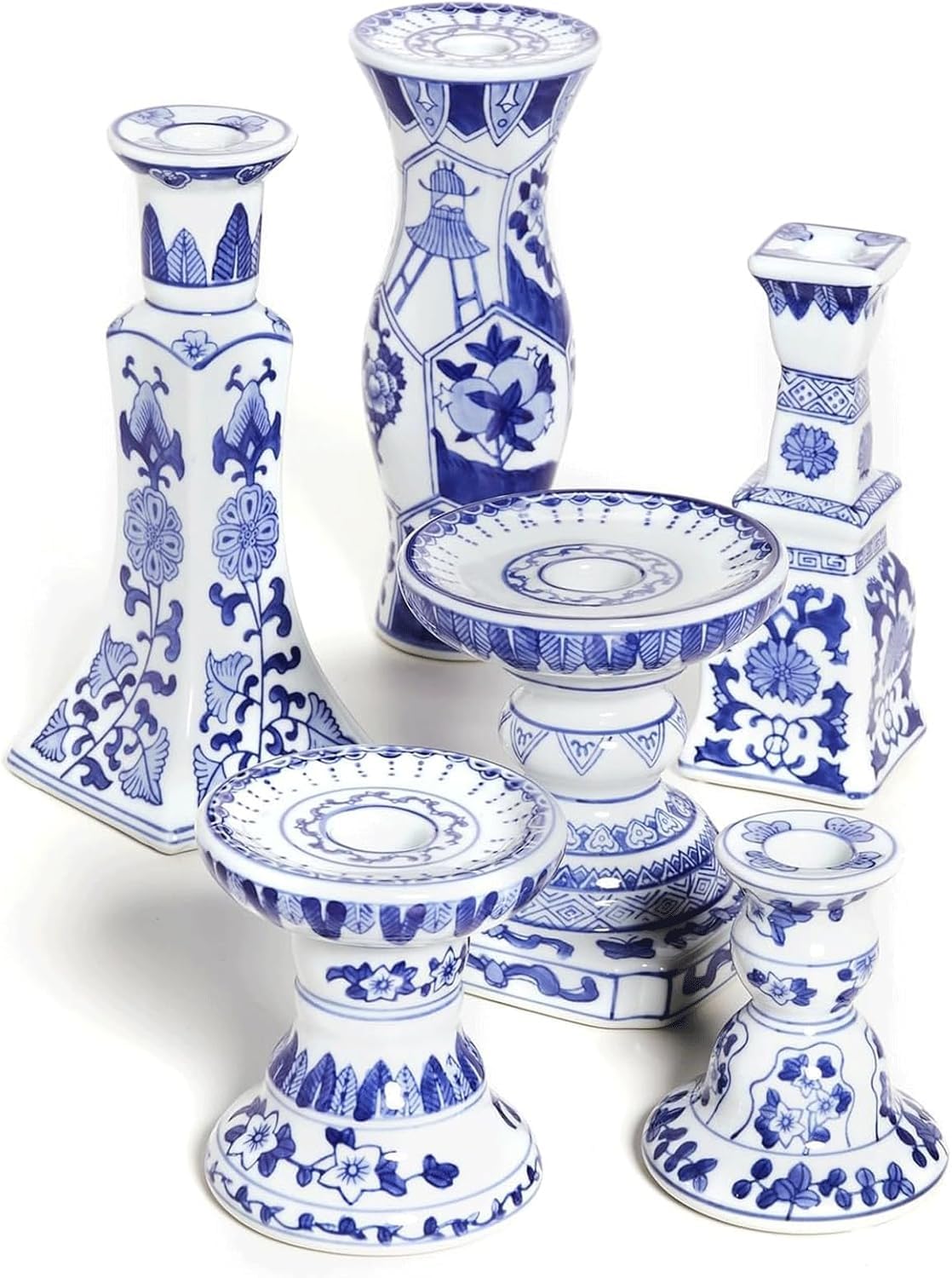 6 Pcs Candle Holder, Chinese Style Blue and White Porcelain Ceramic Candelabras Handmade Painting Candle Holders Candlesticks for Table Wedding, Party& Gift. ﻿