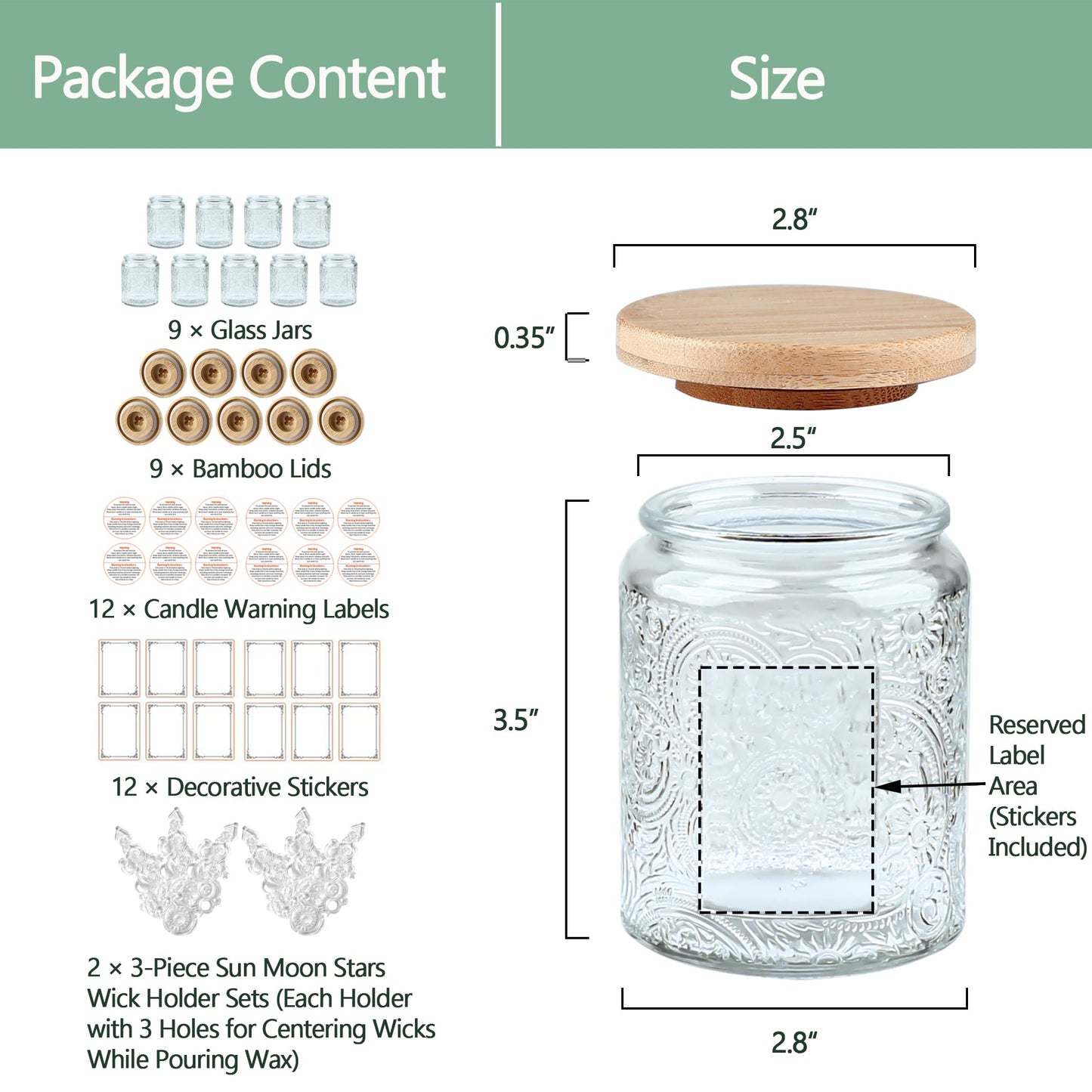 9-Pack 8oz Embossed Glass Candle Container with Bamboo Lids and Labels, Clear Candle Jars for Making Candles, Sun Moon Star Design