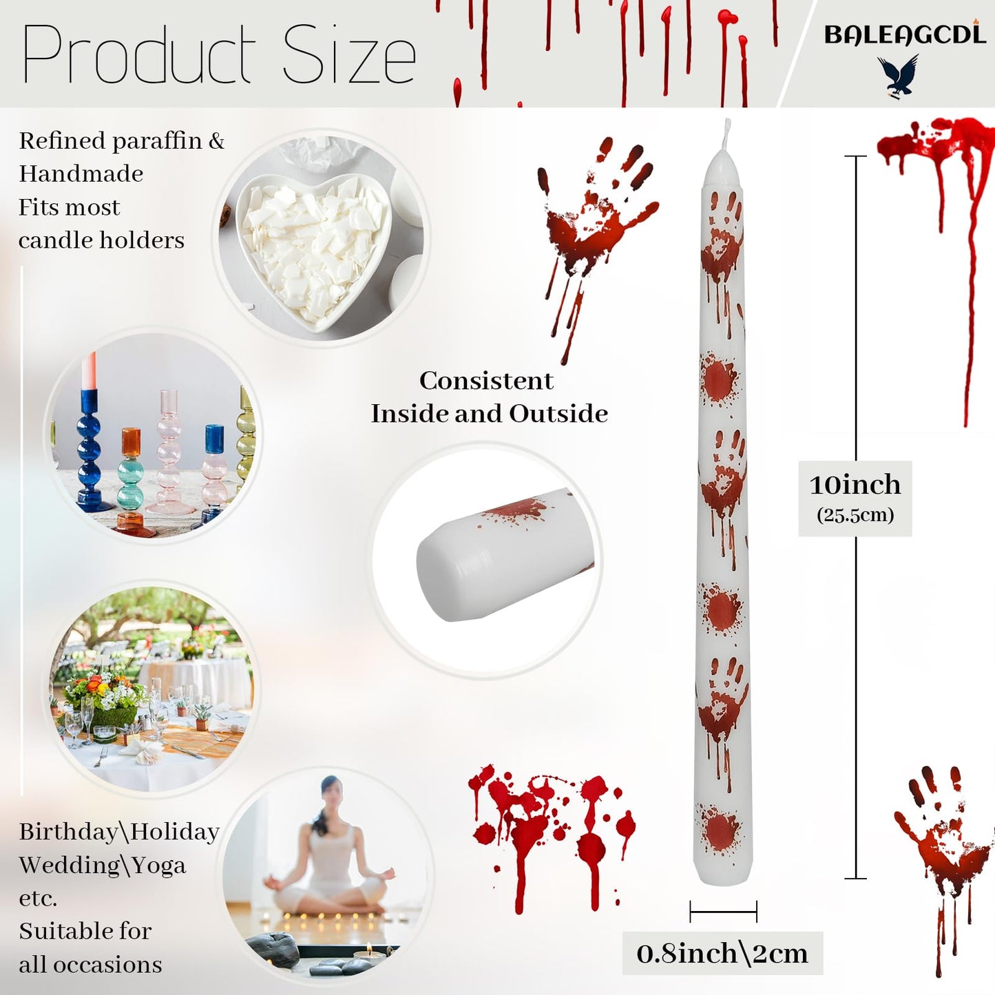 Baleagcdl Halloween Blood Handprint Taper Candles - 10 Inch Handmade Drip Candles, Set of 2 for Home Holiday Decor & Gifts