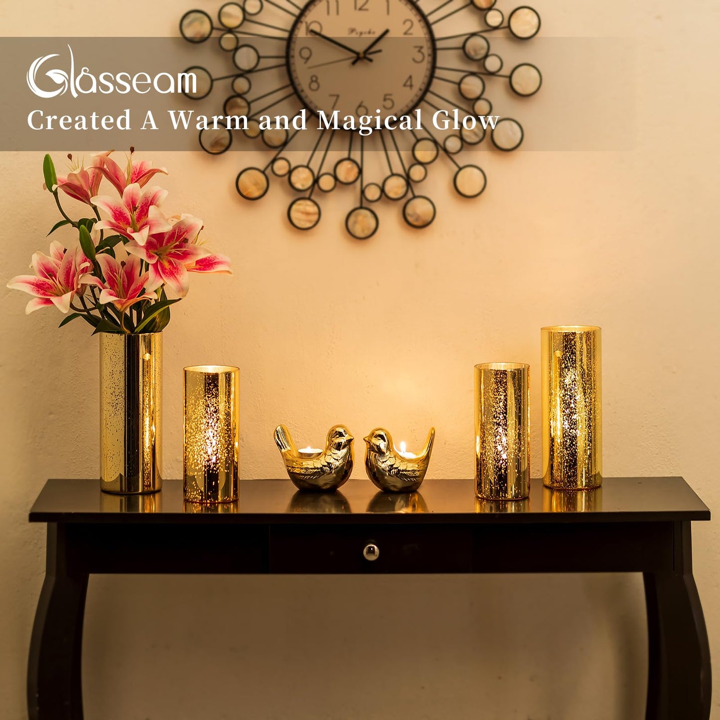 Glasseam Gold Hurricane Candle Holder Set of 2, Mercury Glass Candle Holder, Cylinder Candle Holders for Pillar Candles, Floating Candle Vases for Centerpieces Wedding Table Christmas Party 7.8''+10''