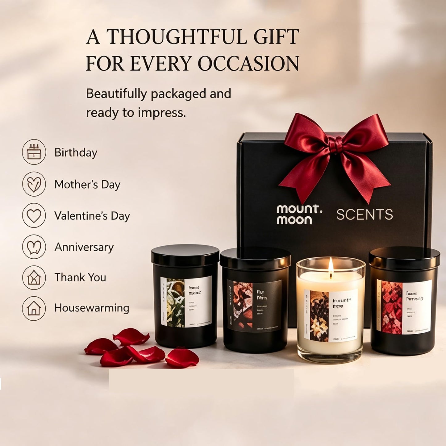 4-Pack Soy Candle Gift Set, Natural Aromatherapy Candles - Sea Salt Sage, Fig Fir, Lavender Eucalyptus, Velvet Rose, 5oz Each 150 Hour, Aromatherapy Candle Gift Set for Home, Relaxation & Spa