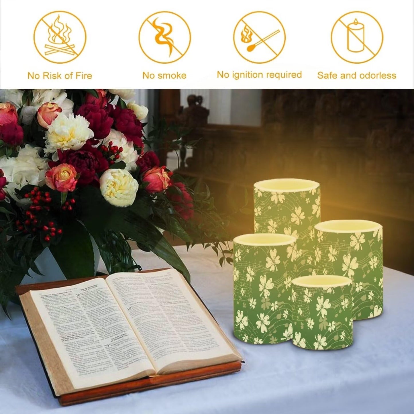 NETILGEN Flameless Electric LED Candles Decorative Lamp with Remote Timer Control Long Lasting for Home Indoor Outdoor Party St.Patrick Day Decoration Set of 4, Green Grass Music