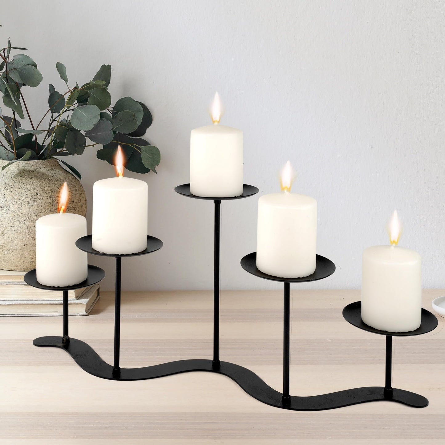 Black Iron Candelabra Candle Holder: Metal Centerpiece Decor - 5 Arm Candle Holder Stand for Pillar Candles