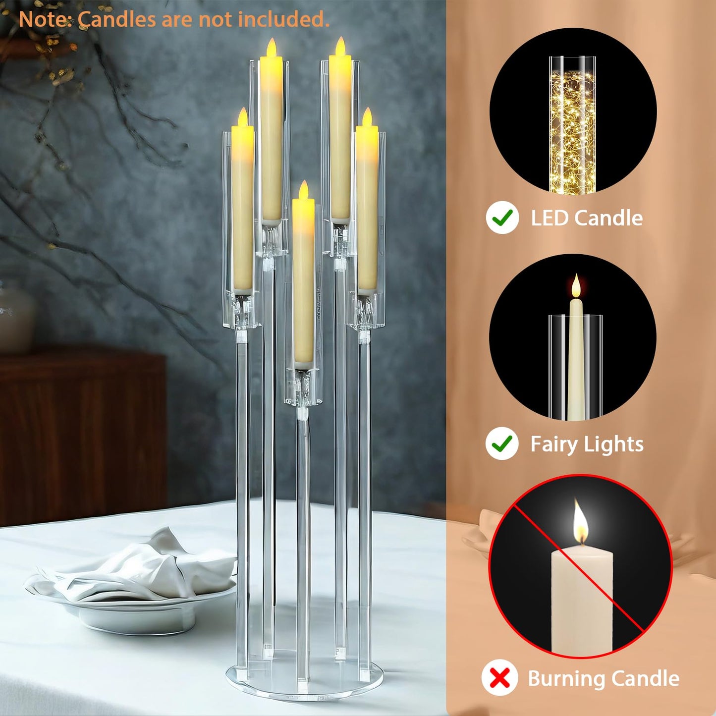 4Pcs 5 Arms Acrylic Candelabra Centerpieces for Tables Decortion,Clear Candle Holder for Wedding Dinner Fireplace Decoration,35 inches Tall Candlesticks Holder with Lampshade, Fits LED Candle