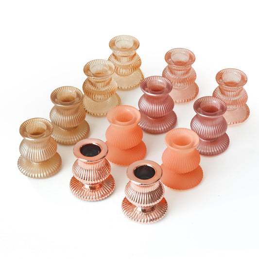 WDHODEC Pink Gold Candlestick Holders 12PCS Glass Taper Candle Holders for Table Centerpiece Colorful Candle Sticks for Spring Wedding, Party and Festival Decoration