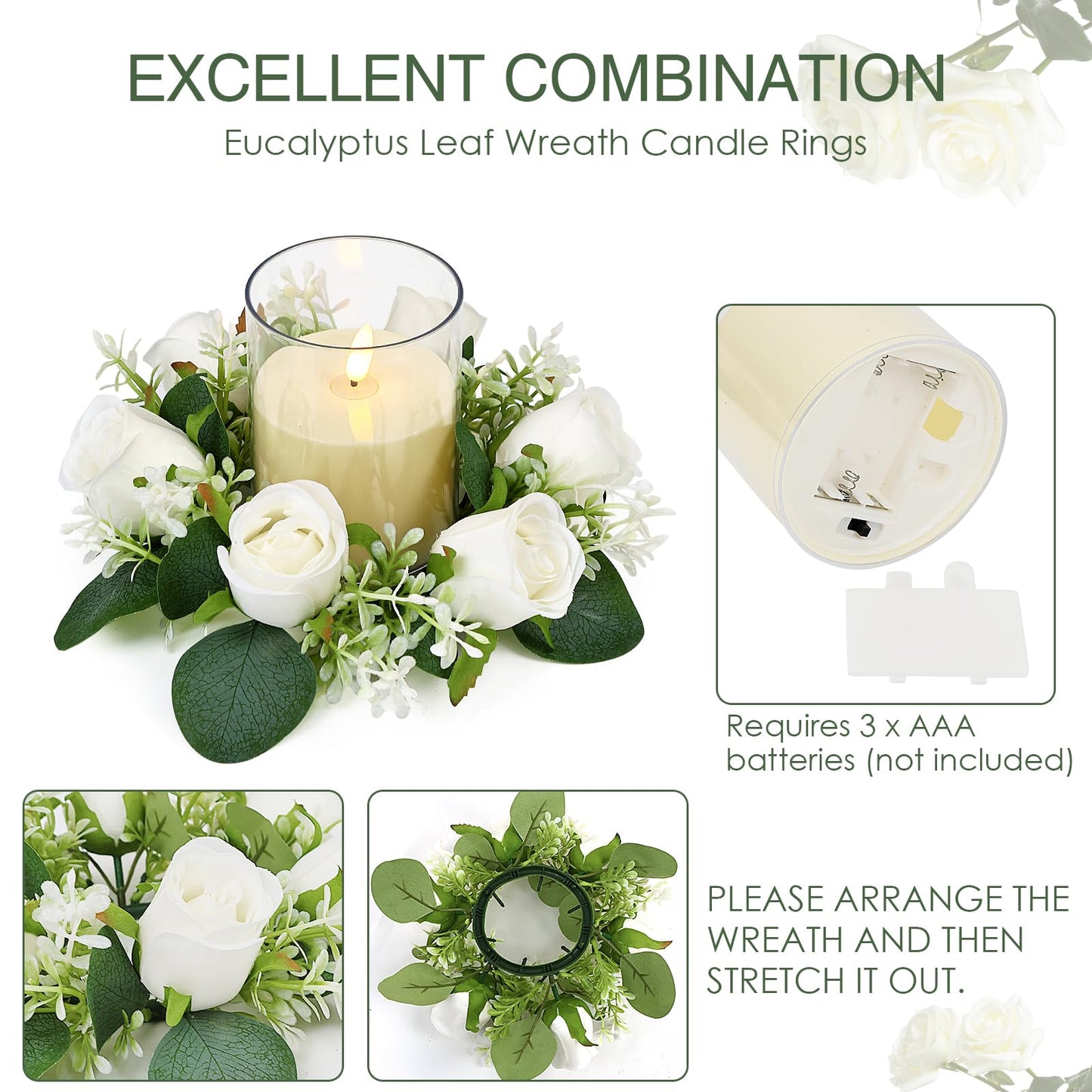 Acmee White Rose Candle Rings with Flameless Candles Sets - 12PCS Artificial Flower Eucalyptus Wedding Centerpiece 3 Inch Pillar Candleholders Wreaths for Wedding Party Decor (White - 6 Sets)