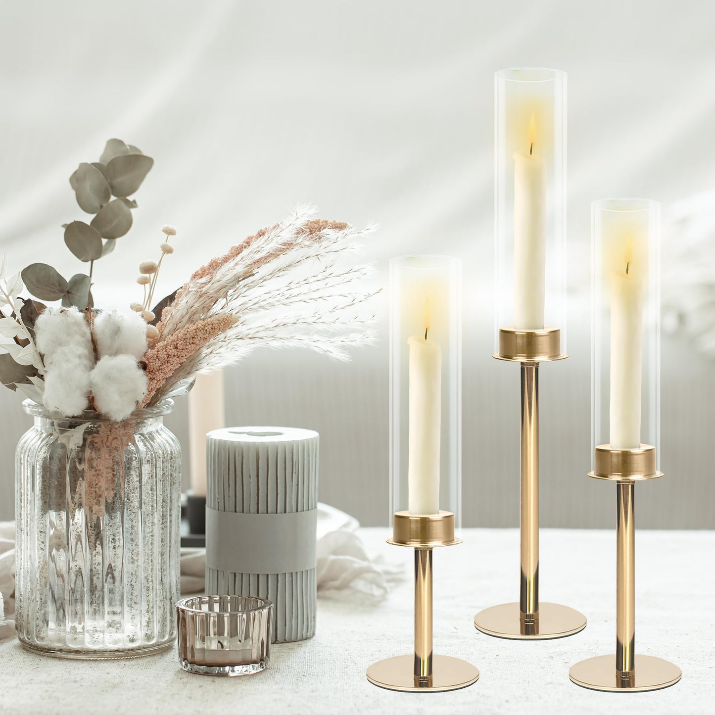 QTRQTR 3 PCS Gold Hurricane Candle Holders Fluted Glass Candlestick Holder