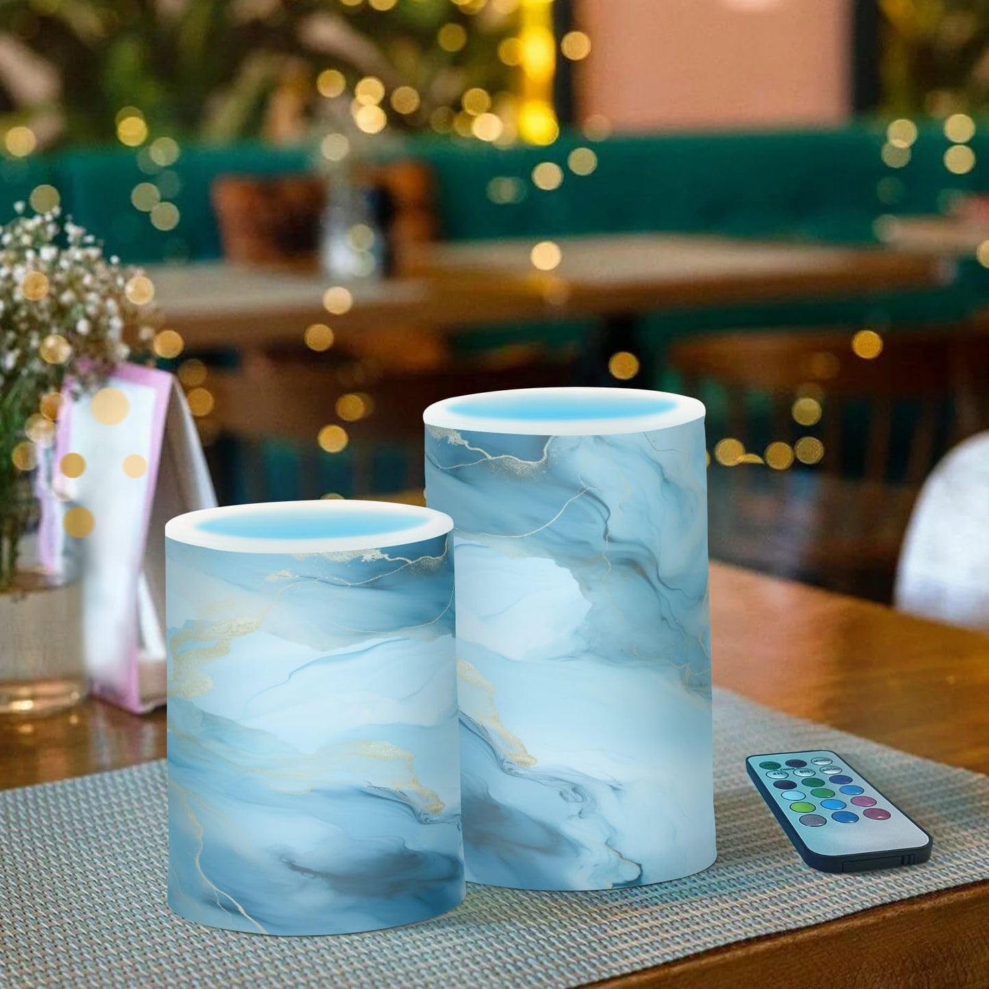 senya Lights Flameless Candles Gray Blue Marble Texture Pillar Candles Set of 2 Battery Operated Remote Control Warm Lights Home Decor