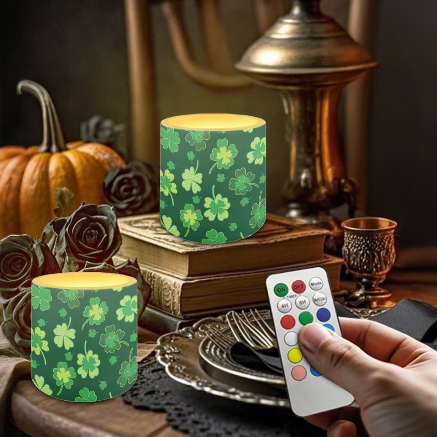 Merkmak St Paddy's Day Shamrocks Flameless Candles with Remote and Timer Battery Operated Flameless LED Pillar Candles for Party, Banquet, Home Decoration Battery Tealights