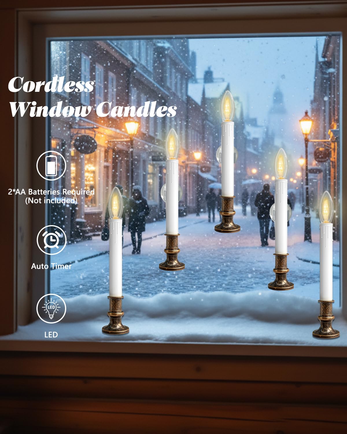 SUNSGNE Battery Operated Window Candles, Flameless Window Candles with Auto Timer for Holiday Home Table Christmas Decor, C26 LED Ultra-Bright Bulbs, 4 Pack, Antique Bronze Base