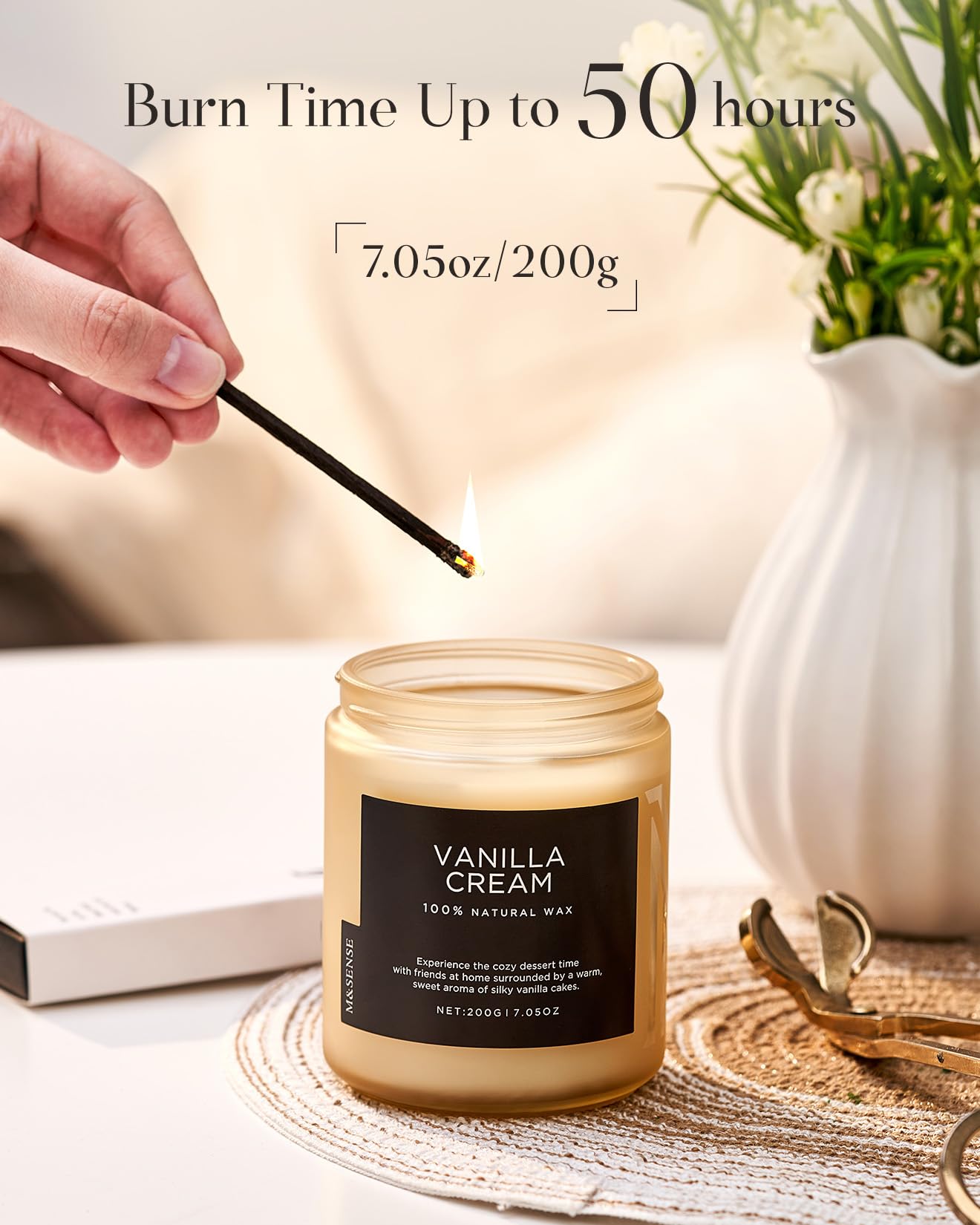M&SENSE Vanilla Candles for Home, 7.05oz All Natural Organic Soy Wax, 50 Hours Non Toxic Clean Burn, Cute Scented Candle for Stress Relief Relaxing, Aromatherapy Gift for Women Men