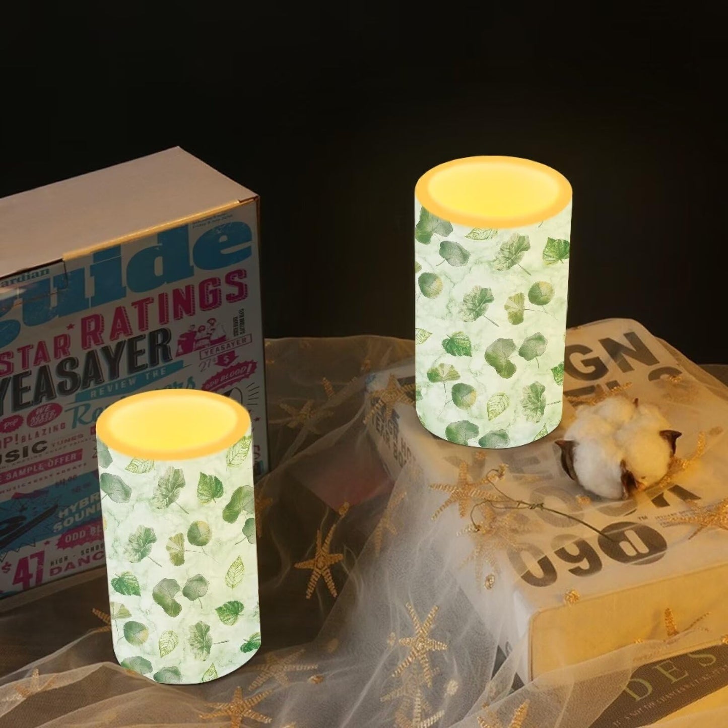 NETILGEN Flameless LED Candles Set of 2 with 18-Key Multicolor Remote Control Timer Flickering Wick Pillar Candles Home Ornaments, Green Leaf Lotus Leaf