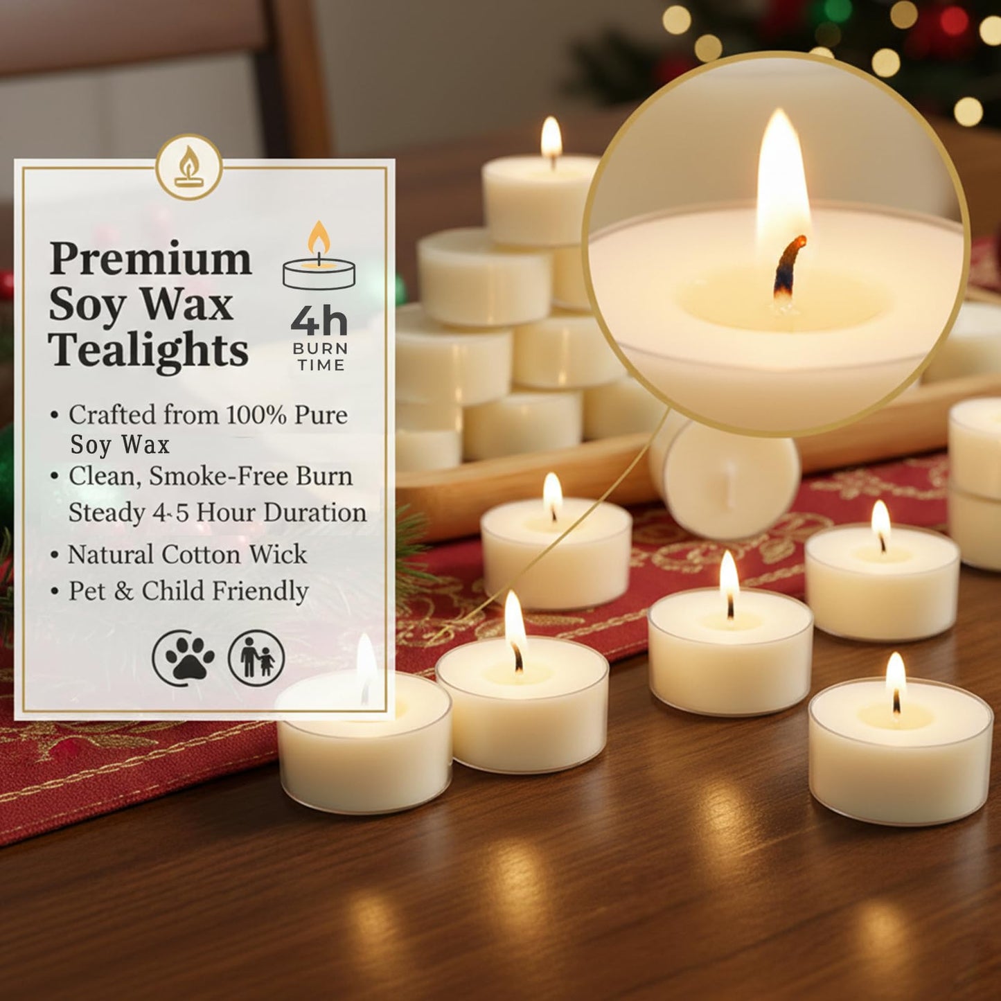 Soy Wax Tea Candles 50 Pack - 4 Hour Long Burning Tea Lights Votive Candles, 100% Natural, Paraffin-Free, Unscented Tealights for Christmas Party, Valentines, Home, Wedding, Emergency