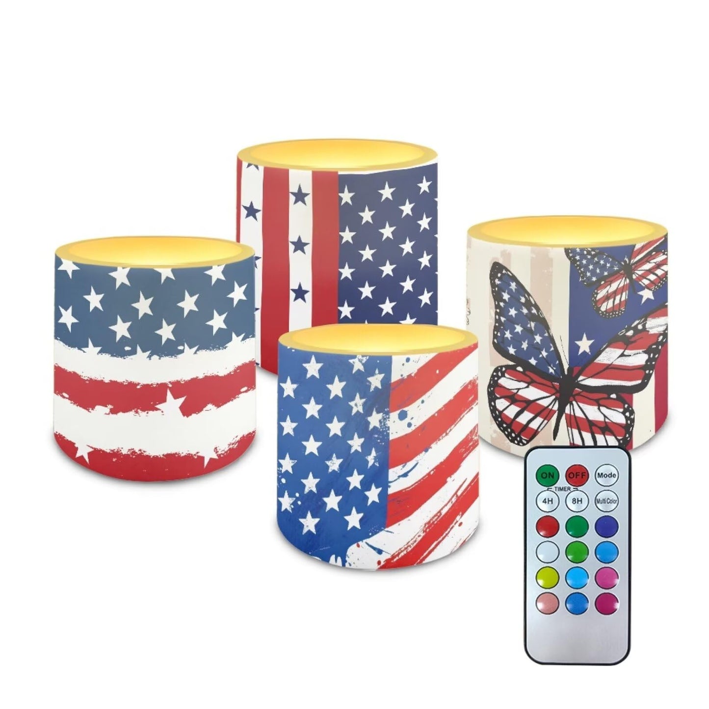NETILGEN Novelty American Flag Theme 4 Pieces Flameless Candles with Remote Timer Battery Operated LED Flickering Candles for July 4th Patrotic Independence Day Decor