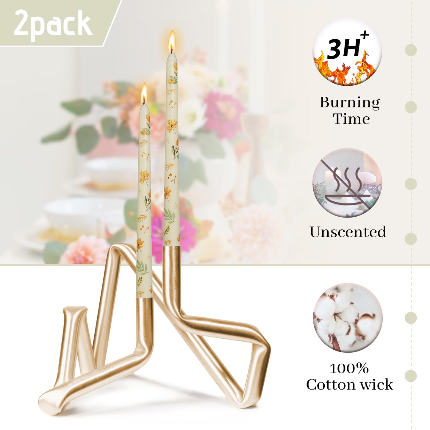 Flowers Printed Taper Candle - Baleagcdl Ivory with Iris Floral Candlesticks Handmade Long Tapered Candles 10 Inch Drip Candle for Wedding Home Holiday Decor Gifts - Set of 2