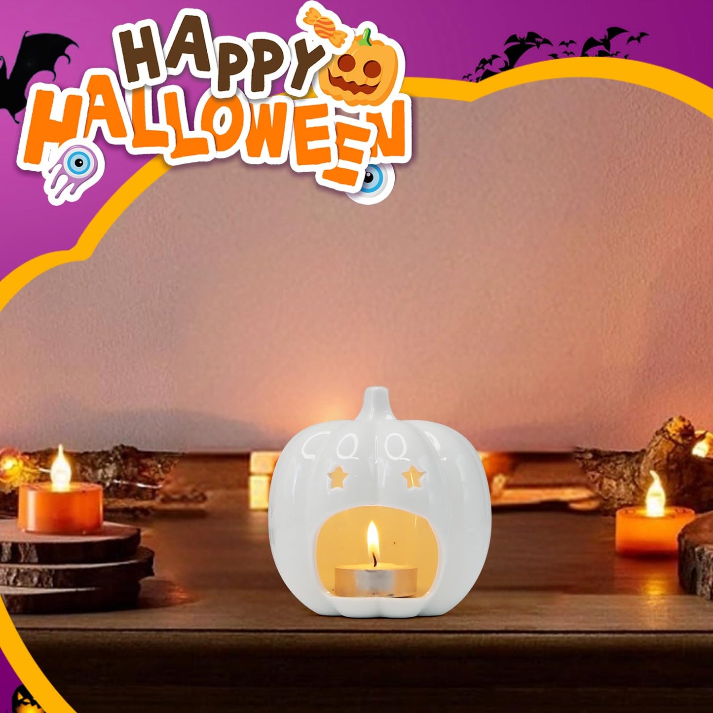 Ceramic White Pumpkin Candle Holder, Halloween Decor Candlestick Holder with Star Hole for Halloween Party, On a Desk at Work, Home Decoration, Daughter Girlfriend Mother Gift
