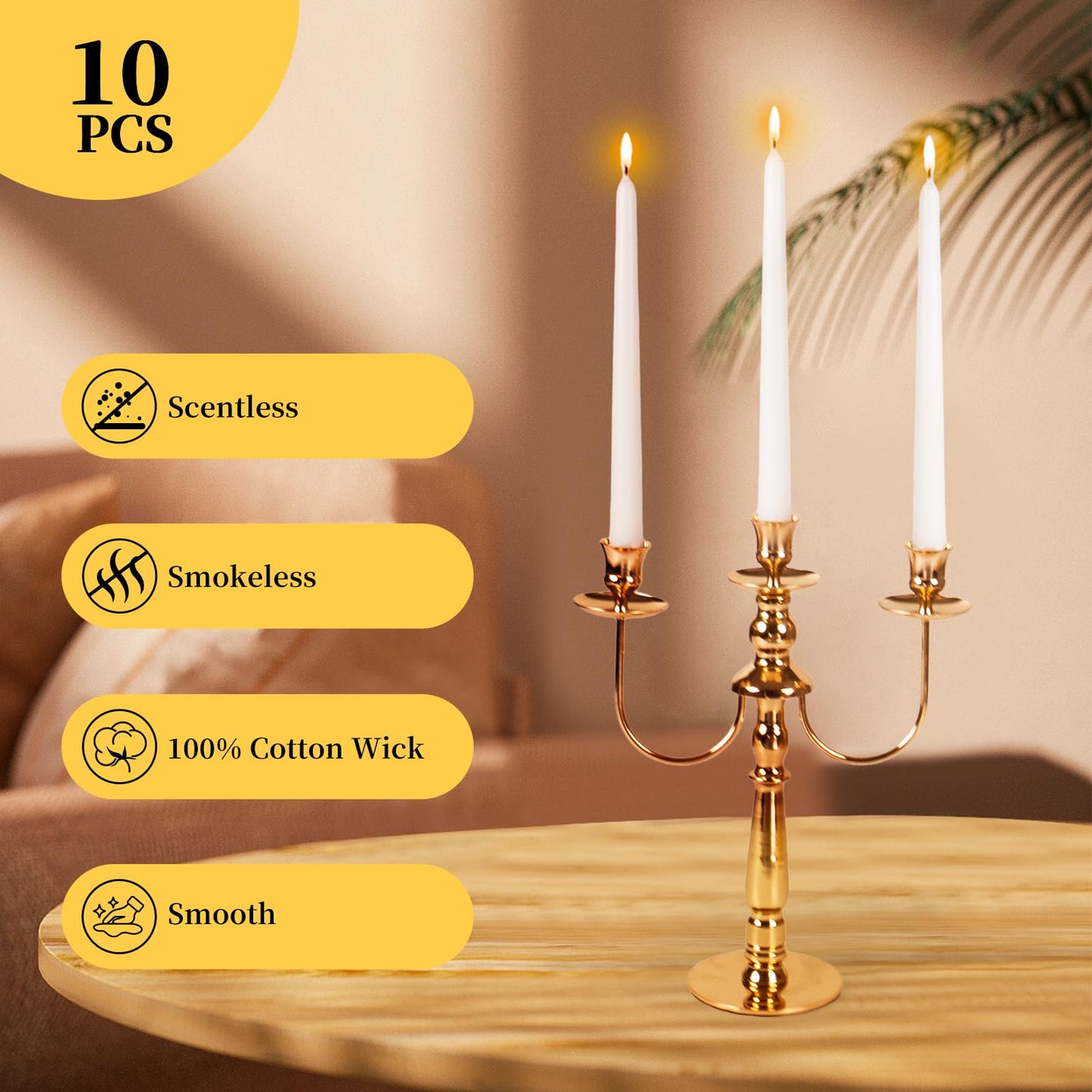 KONNI 0.87×10 Inch White Taper Candles, Unscented and Smokeless Tall Candlesticks, 10 Pack Tapered Candles with Cotton Wicks, Long Burning, Ideal for Weddings, Dinner Parties, and Home Décor