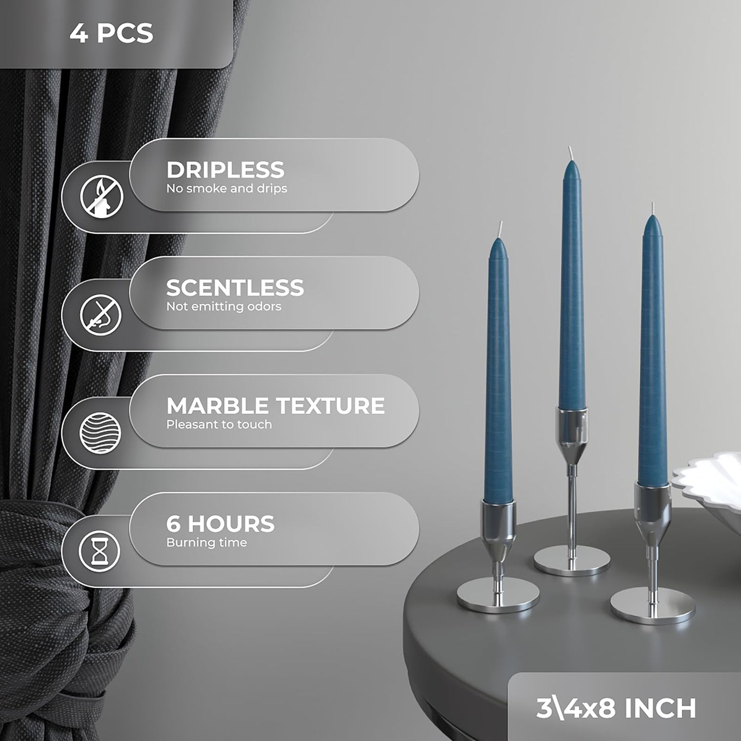 CANDWAX Dark Blue 8 inch Taper Candles Pack of 4 - Long Burning Unscented Smokeless Dripless Tall Candle Sticks - Perfect for Parties, Celebrations, Special Occasions or as a Dinner Table Centerpiece