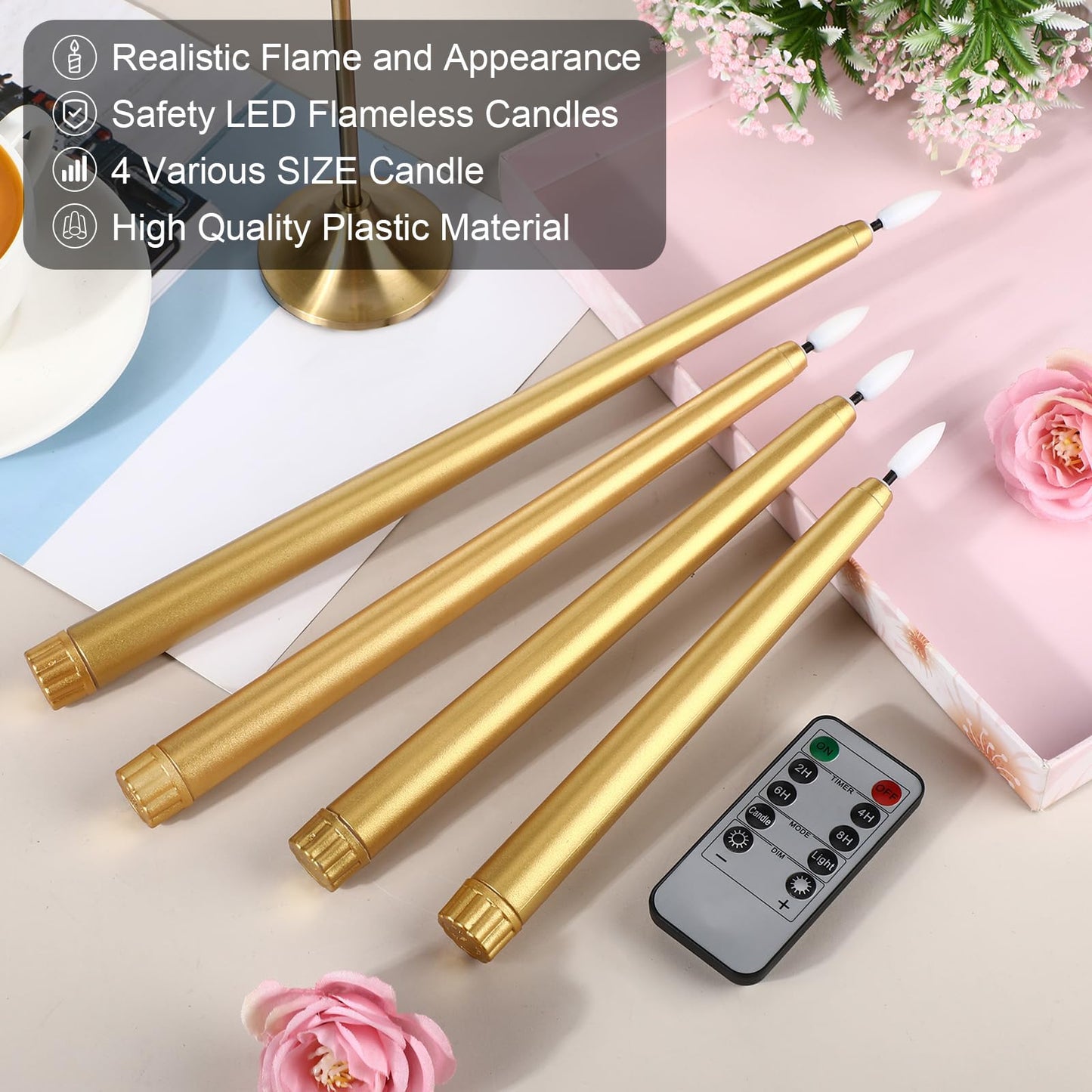 Rossesay 28 Pcs Flameless Taper Candles with Timer Remote 4 Sizes of 8.5", 9.6", 10.83", 12.8" LED Flickering Taper Candles Battery Operated for Valentine's Day Church Wedding Home Decor(Gold)
