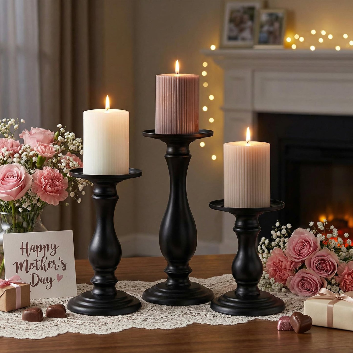 Matte Black Pillar Candle Holders Set of 3-10", 8", 6”H Candlestick Candle Holder Stand, Mother's Day Home Decor Gift for Fireplace/Table Centerpiece/Rustic/Farmhouse