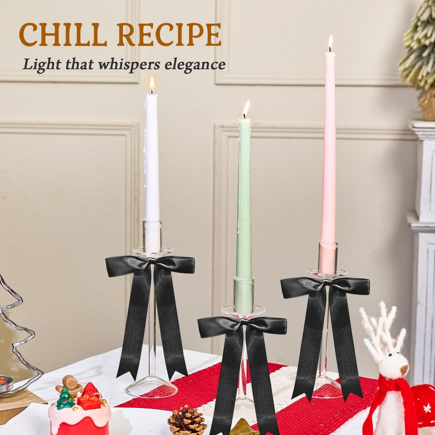 CHILL RECIPE Bow Candle Holder Glass Taper Candlestick Holders with Built-in Candle Drip Protectors Bows Decor for Table Centerpiece Wedding Party Halloween(Black)