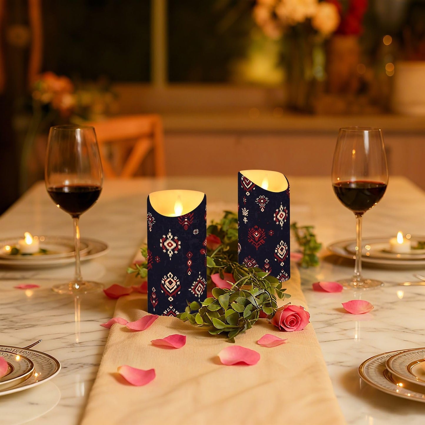 Gravopti Tribal Ikat 2 Pack Flameless LED Pillar Candles with Remote & Timer, Battery Operated, Flickering Wax Candle for Wedding, Romantic Home & Party Decor