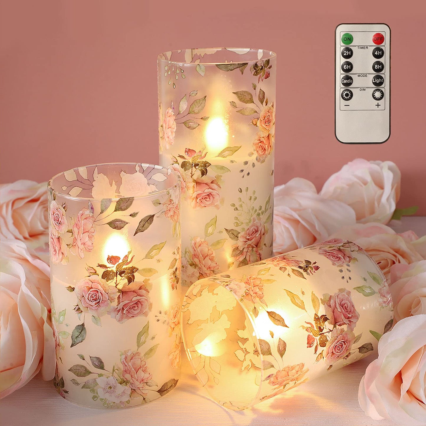 MELTONE Rose Flameless Candles Love Theme Glass Pink LED Candles with Remote - Home Wedding Bedroom Room Christmas Valentine's Day Decor - Set of 3