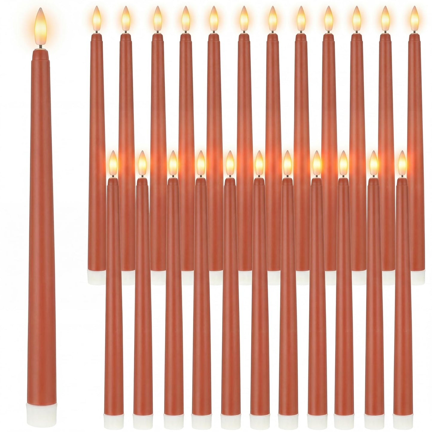 Macarrie 24 Packs Flameless Taper Candles Battery Operated Fake 11 Inch Long Candlelight LED Flameless Candlesticks Flickering Tapered for Spring Summer Wedding(Brown)