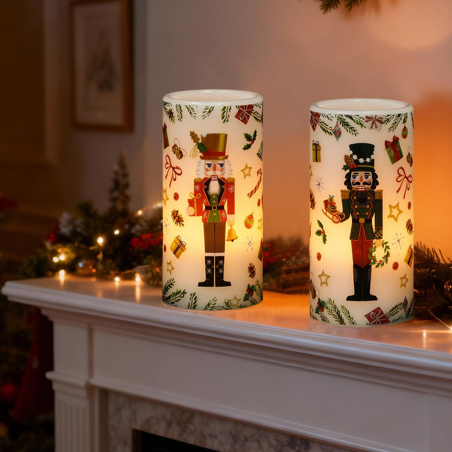 Lasumora Christmas Nutcracker Flameless Pillar Candles with Remote Timer, LED Candles in Real Wax Holder, Battery Operated Candle for Christmas Décor Indoor Xmas Gifts(2 Pack, 3” x 6”)