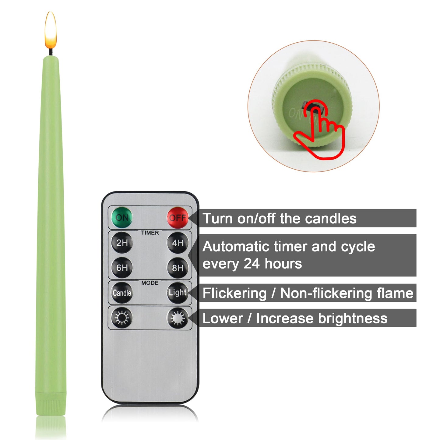 CVHOMEDECO. Flameless Taper Candles with 10-Key Remote, Battery Operated Led Flickering 3D Wick Window Candles Real Wax Finished Home Christmas Party Decor 0.78 x 11 Inch, Pack of 3, Light Green