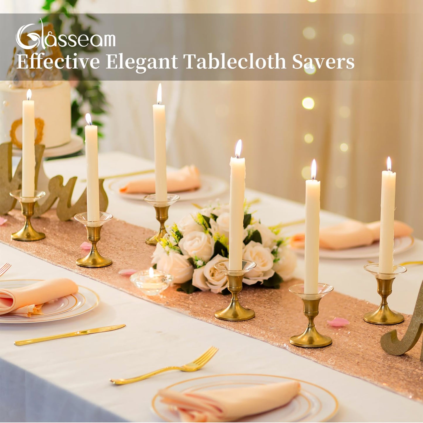 Glasseam Candle Drip Protectors for Candle Stick Candle Holder, Gold Rim Glass Bobeches for Candlesticks Set of 12, Round Wax Catchers for Candles, Taper Candle Holders for Table Centerpiece Wedding