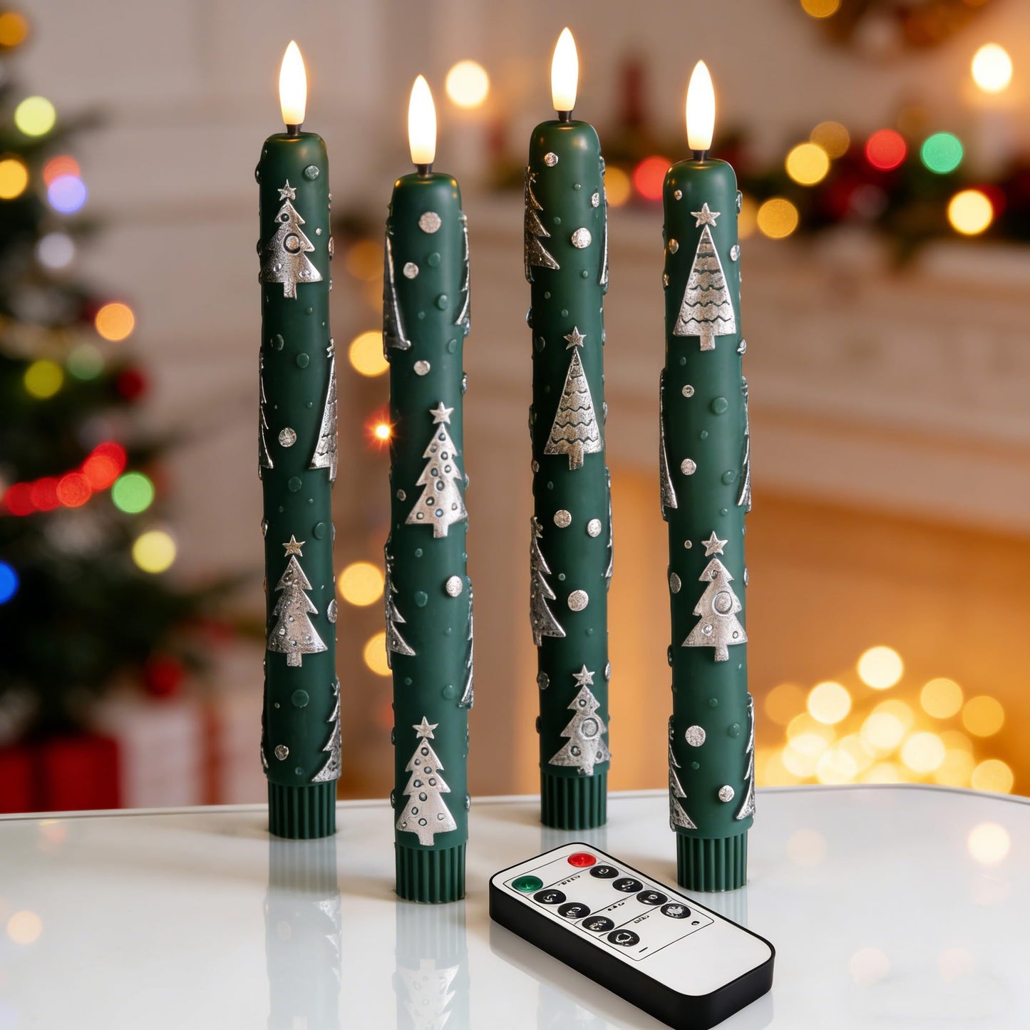Eywamage Green Christmas Tree Flameless Taper Candles with Remote, Flickering LED Wax Candlesticks Set of 4