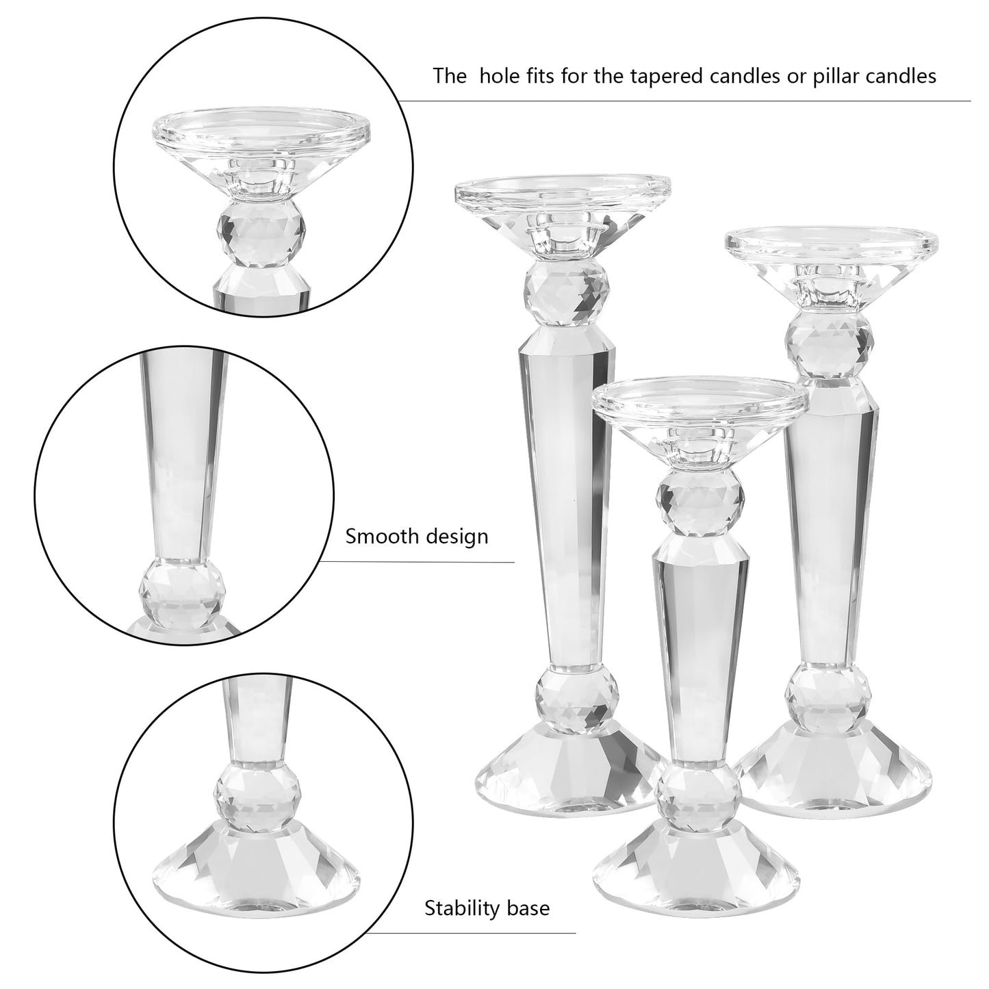DONOUCLS Crystal Candle Stick Holders Set of 3, Clear Crystal Taper/Pillar Candles Holder Table Centerpieces for Party and Wedding Decoration, Comes with Gift Box