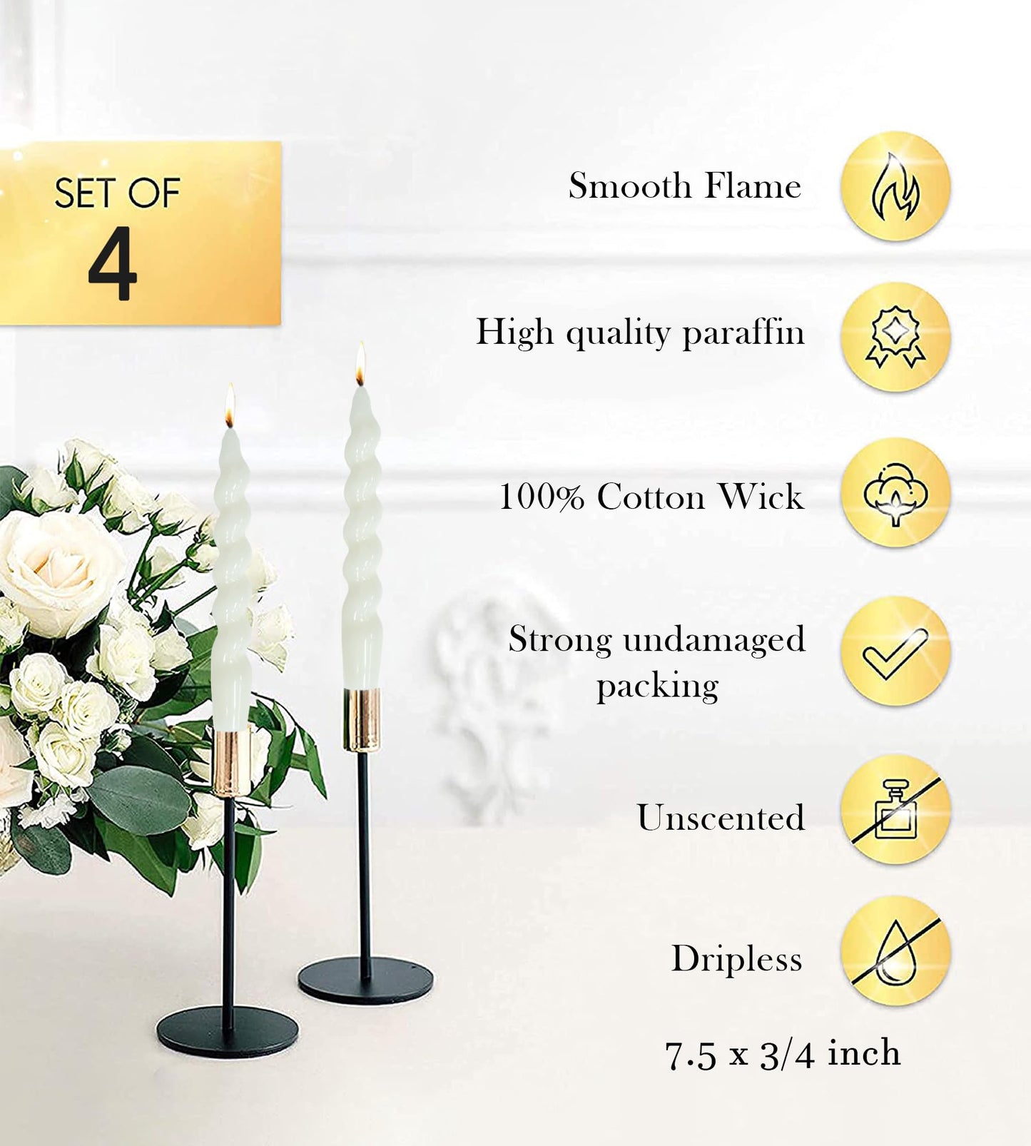 LPUSA Taper Candle White Spiral Candlestick Short Tapered Candles Twisted Candlesticks for Table Decor Housewarming Gift Idea-7.5inch,4pcs(White)
