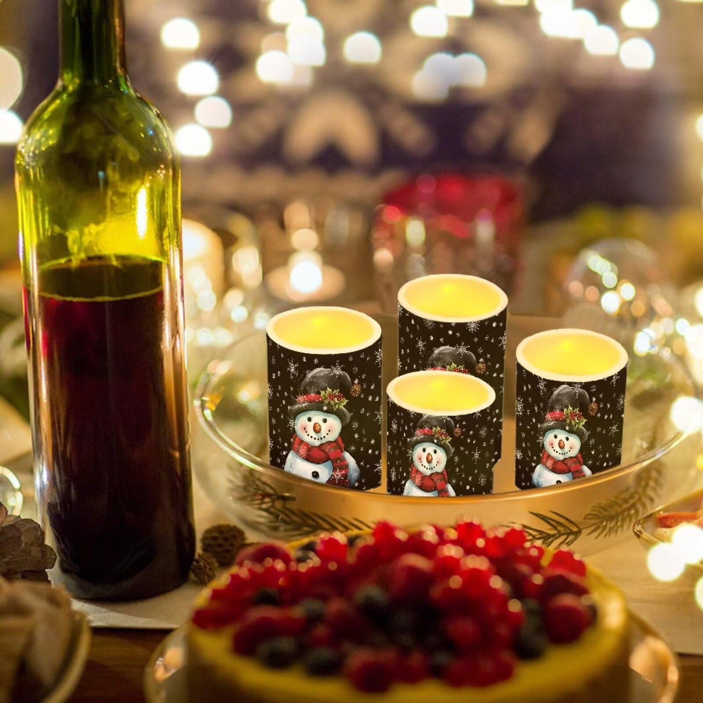 NETILGEN Christmas Day 4 Pcs Flameless Candles Battery Powered with Multicolor Lights Timer Remote Control LED Candles Cartoon Snowman Print