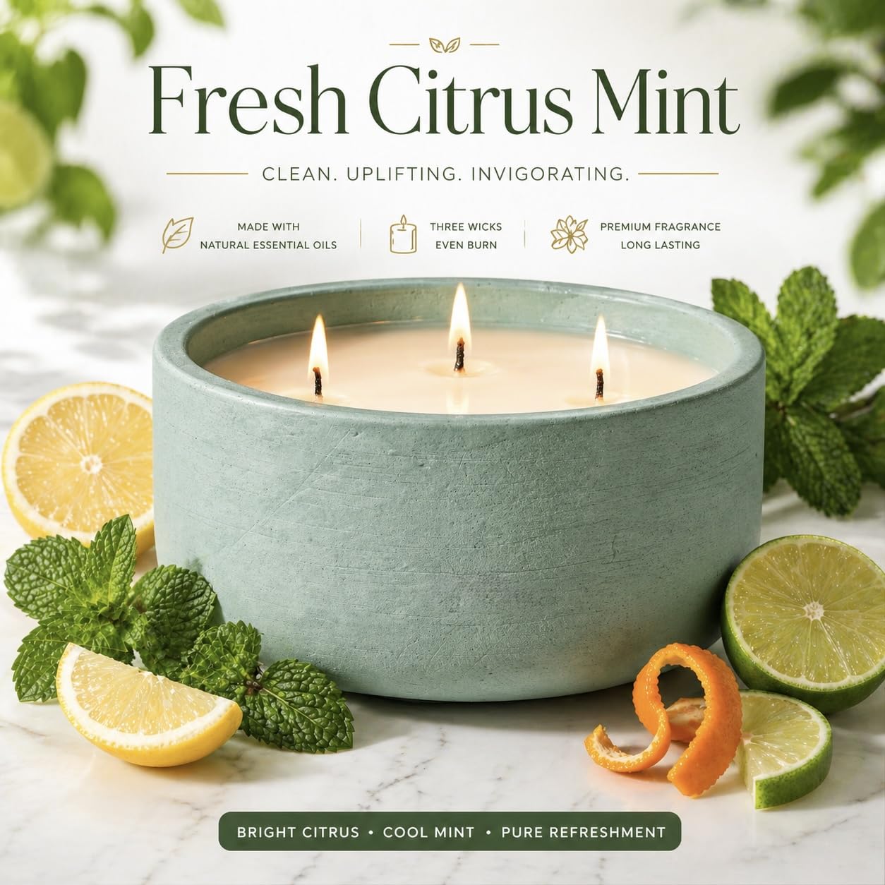 Large 20oz Scented Candle - Citrus & Mint, 3 Wick Non Toxic Soy Candles Indoor, Green Decorative Ceramic Jar Candle for Women, Men, Patio, Home, Bedroom, Bathroom, Living Room