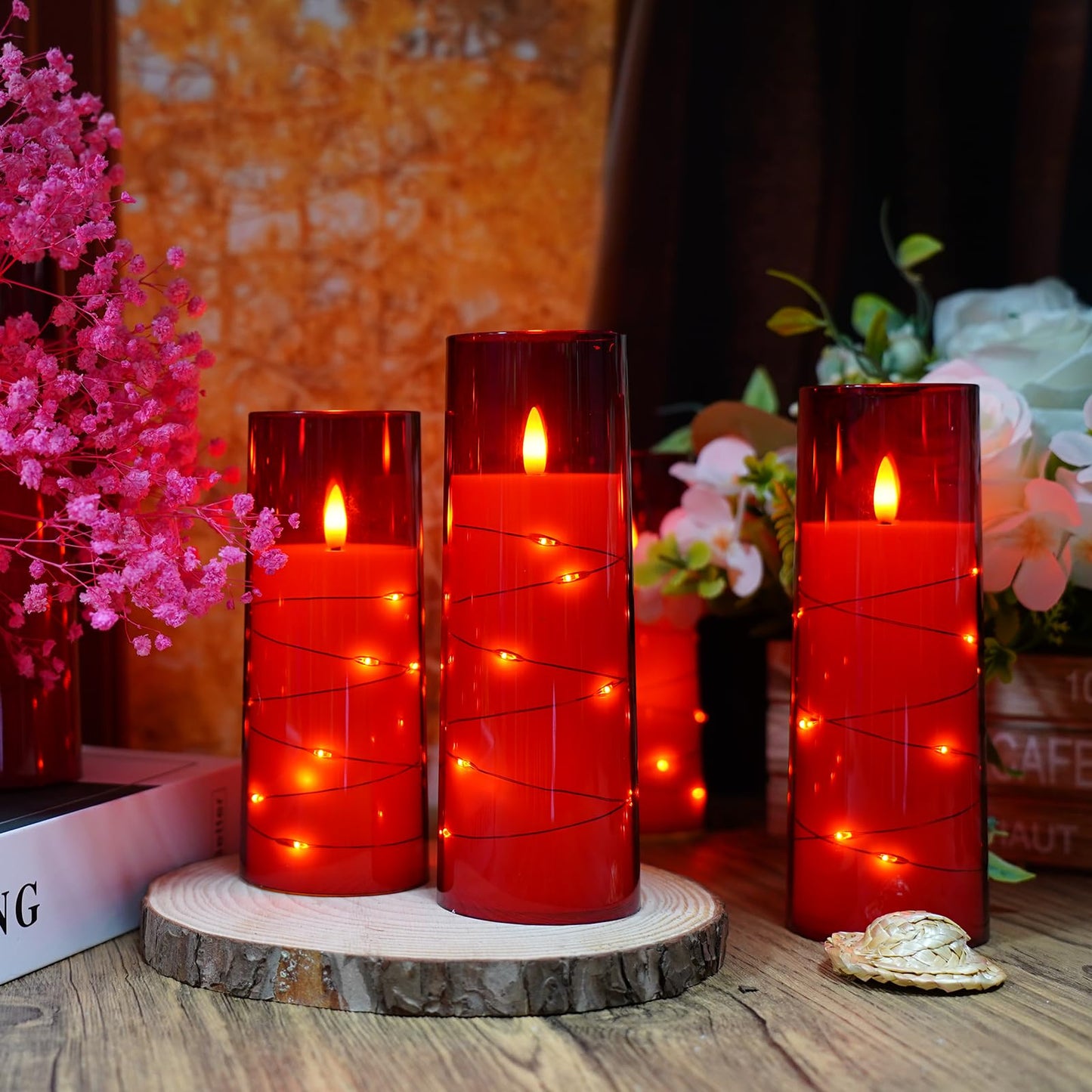 kakoya Flameless LED Candles with Timer 9 Pc Flickering Flameless Candles for Romantic Ambiance and Home Decoration Stable Acrylic Shell,with Embedded Star String，Battery Operated Candles（Red）