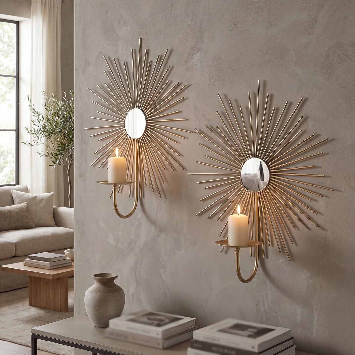Sxnzequnze 2 Set Candle Sconces Wall Decor for Living Room Metal Sunburst Mirrored Modern Gold Wall-Mounted Candle Holder Sconces Hanging Mounted Fireplace Farmhouse Wedding