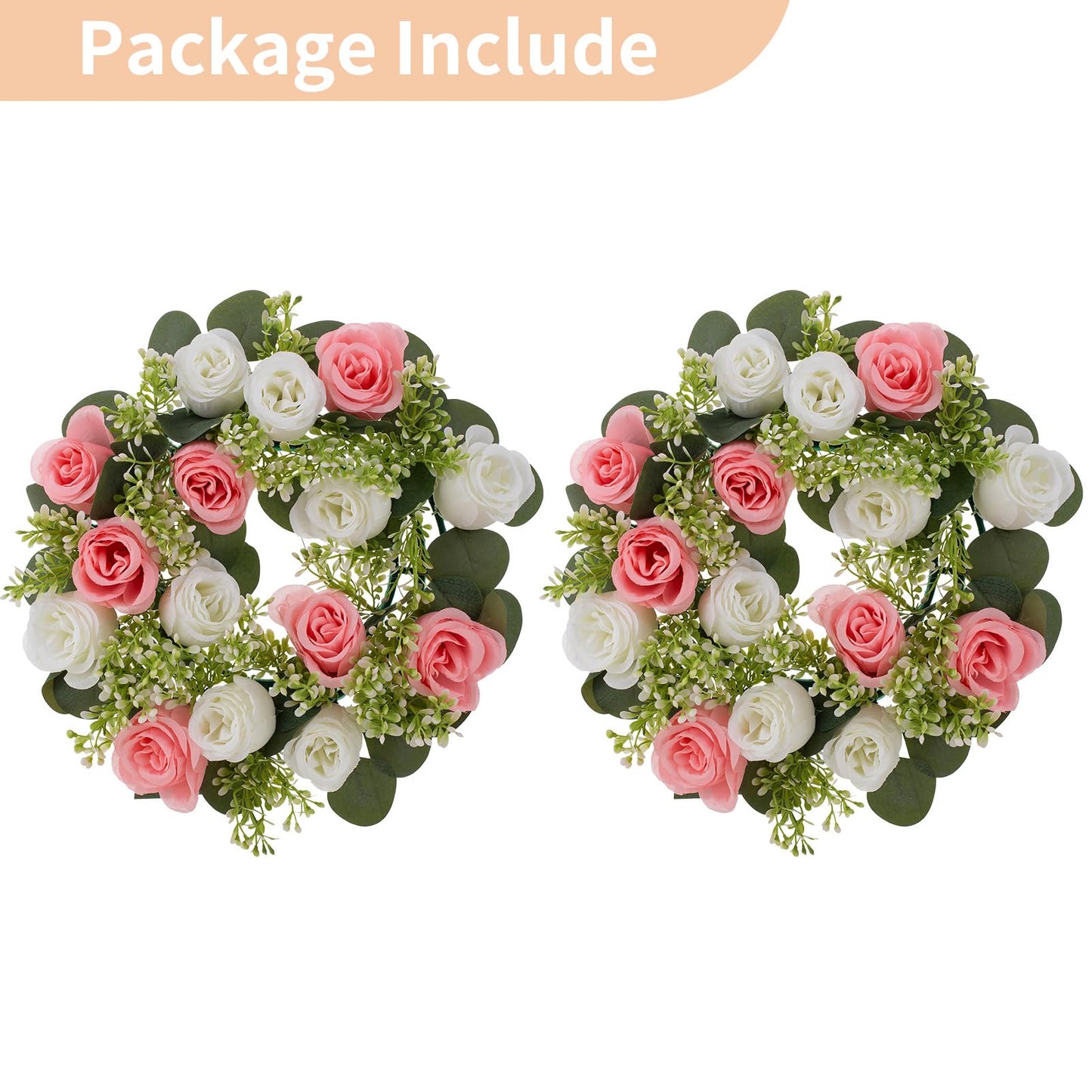 NUPTIO Flower Candle Rings for Centerpieces: 13.4 Inch Artificial Rose Wreath for Wedding Party Christmas - Pink & White Wreaths for Spring Summer Front Door Porch Table Decor 2 Pcs
