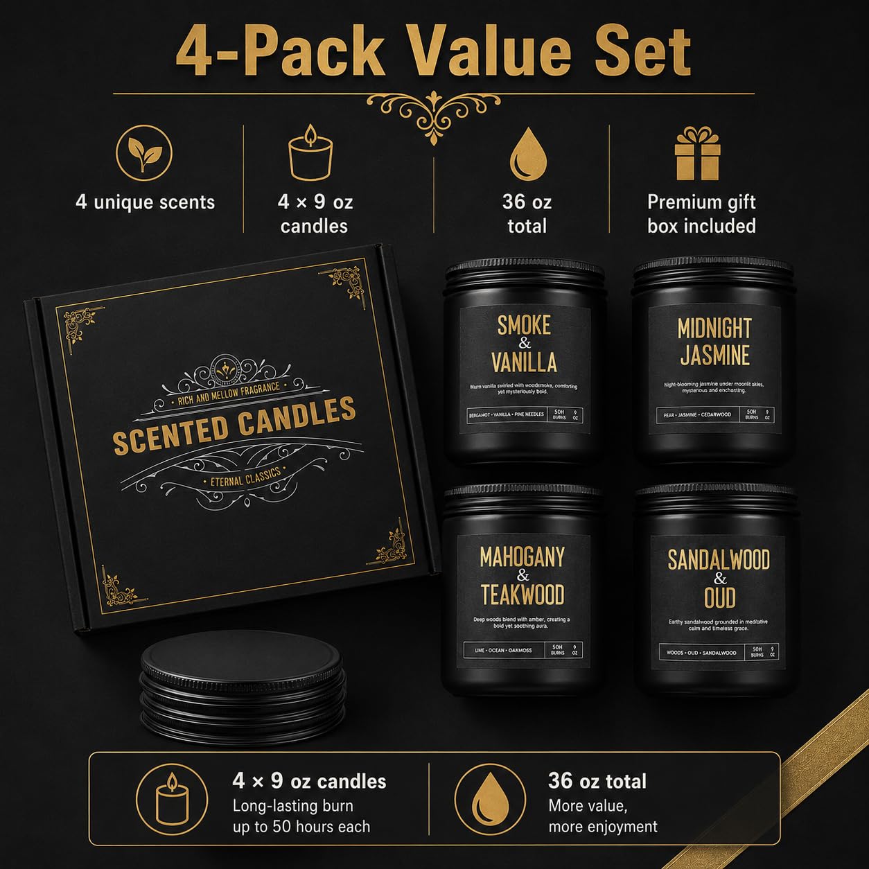 Men's Candle Gift Set, 4 Pack Crackling Wood Wick Soy Scented Candles, 36oz Masculine Aromatherapy Candles for Home, Up to 200H Burn Time, Thoughtful Gift for Fathers, Husbands and Men